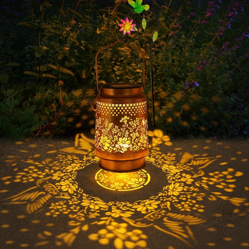 SANDECO 2 Pack Solar Lanterns Outdoor Hummingbird Garden Decor, Gifts for Mom Women Grandma Birthday, Waterproof Metal Hanging Solar Lights with Shepherd Hook LED Decorative Outside for Yard Patio Lawn Porch - Image 3